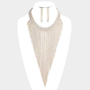 Gold Fringe Pave Rhinestone Crystal Necklace Set